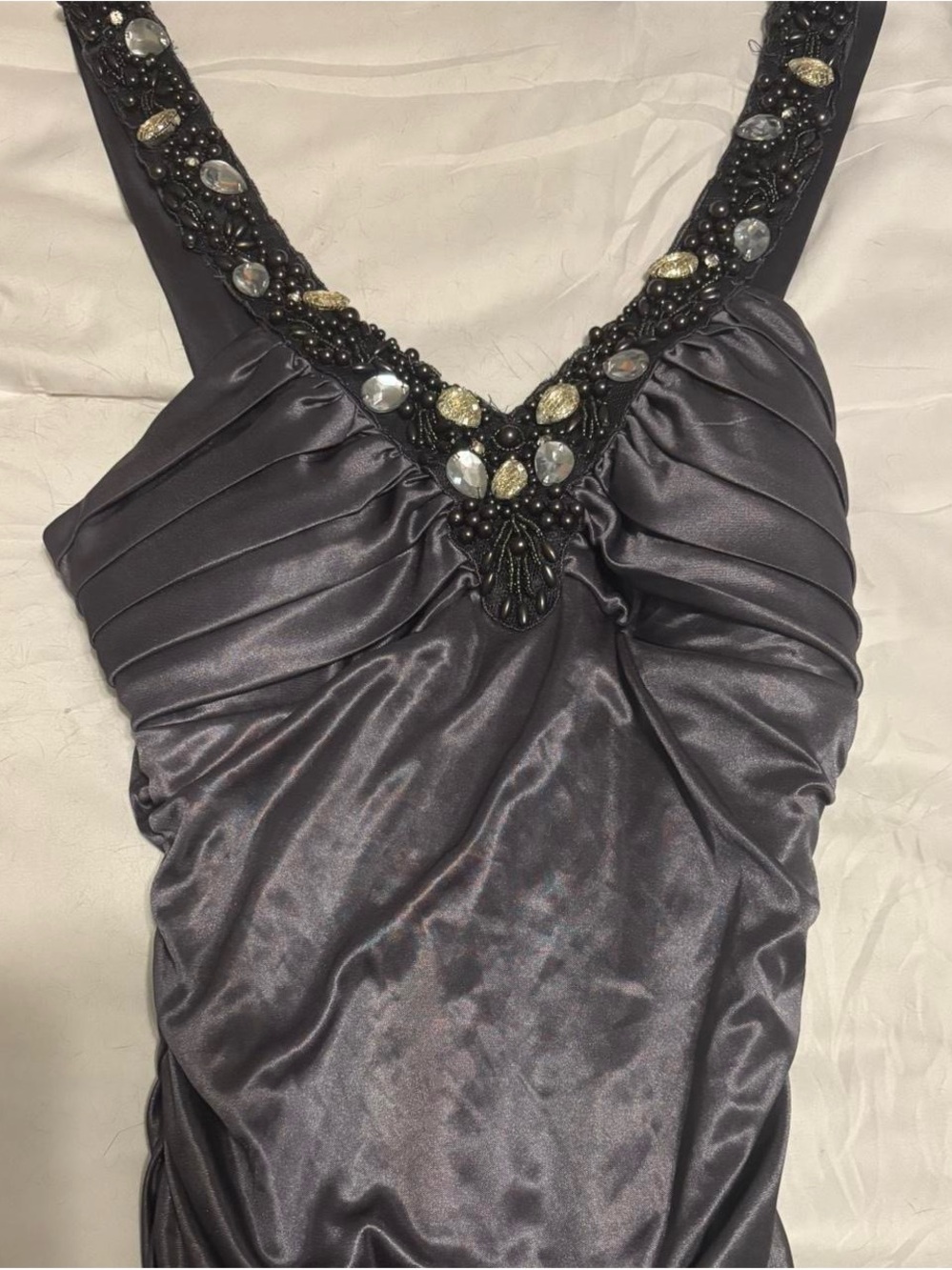 Embellished V-Neck Satin Evening Dress - Charcoal